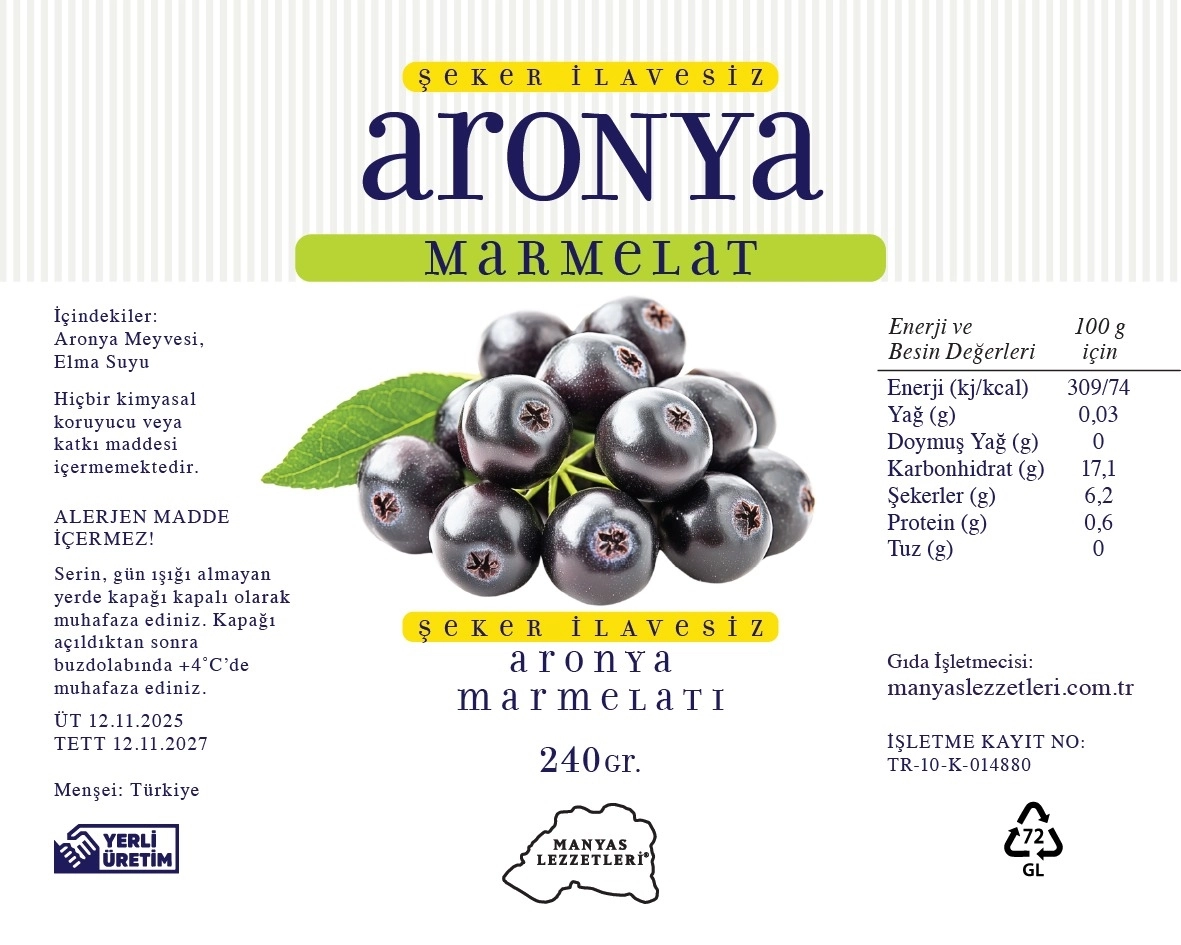 Aronya Marmelatı Şeker İlavesiz 240 Gr.